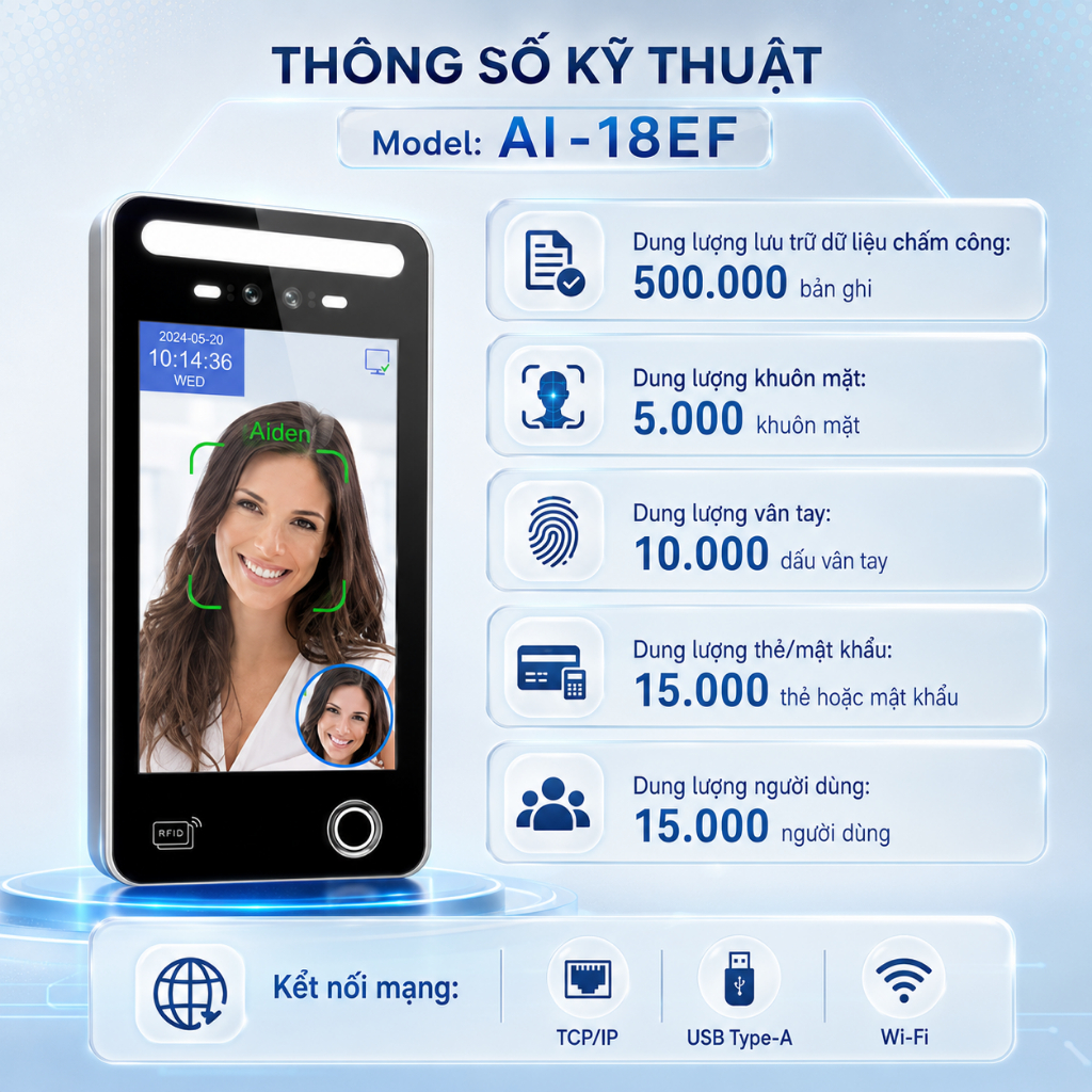 AI-18EF máy chấm công khuôn mặt công nghệ AI 2025  / báo giờ qua app điện thoại ( dùng phần mềm chấm