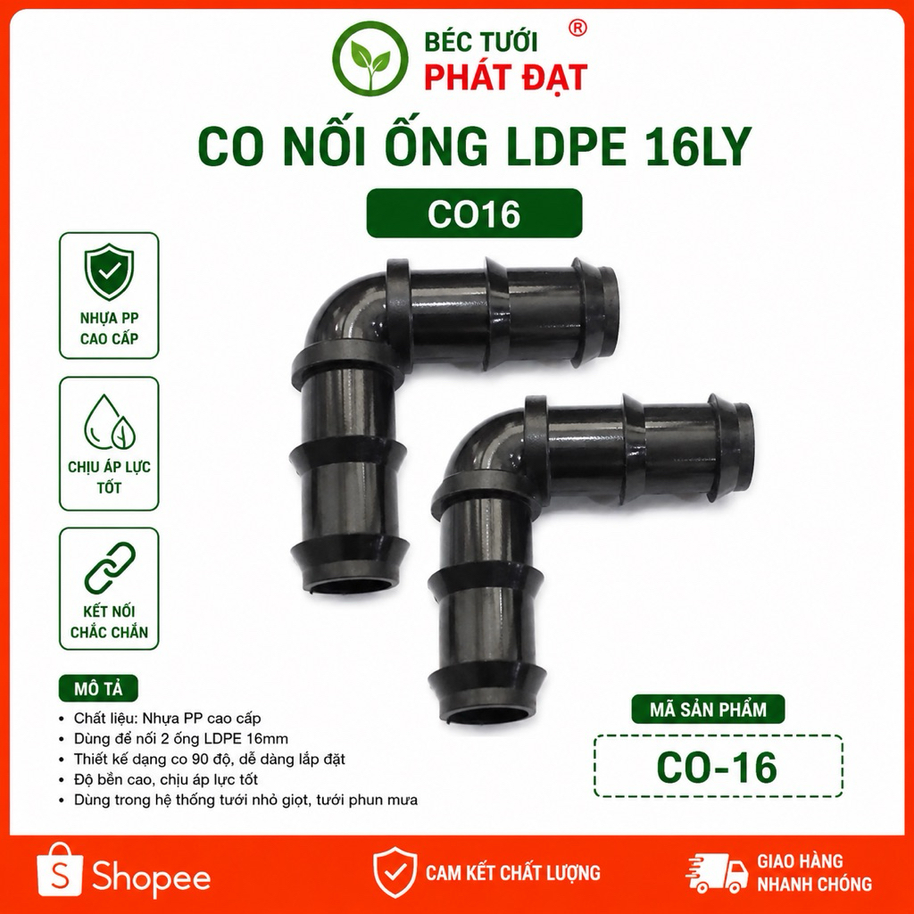Co Nối Ống LDPE 16mm Góc 90 Độ CO16 - Nhựa PP Cao Cấp, Phụ Kiện Tưới Nhỏ Giọt
