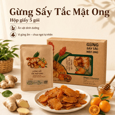 Hộp Gừng Sấy Ăn Vặt Nam Xanh, Gừng Sấy Tắc Mật Ong, Ăn Vặt Dinh Dưỡng, Giữ Ấm Cơ Thể, Hộp Giấy 5 Gói