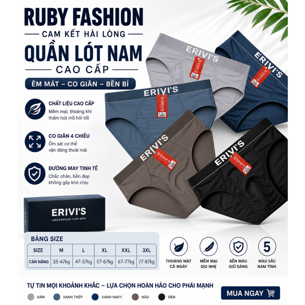 Combo 5 Quần lót nam cao cấp Erivis - Thun lạnh 4 chiều mẫu mới, hàng đẹp. ER_069