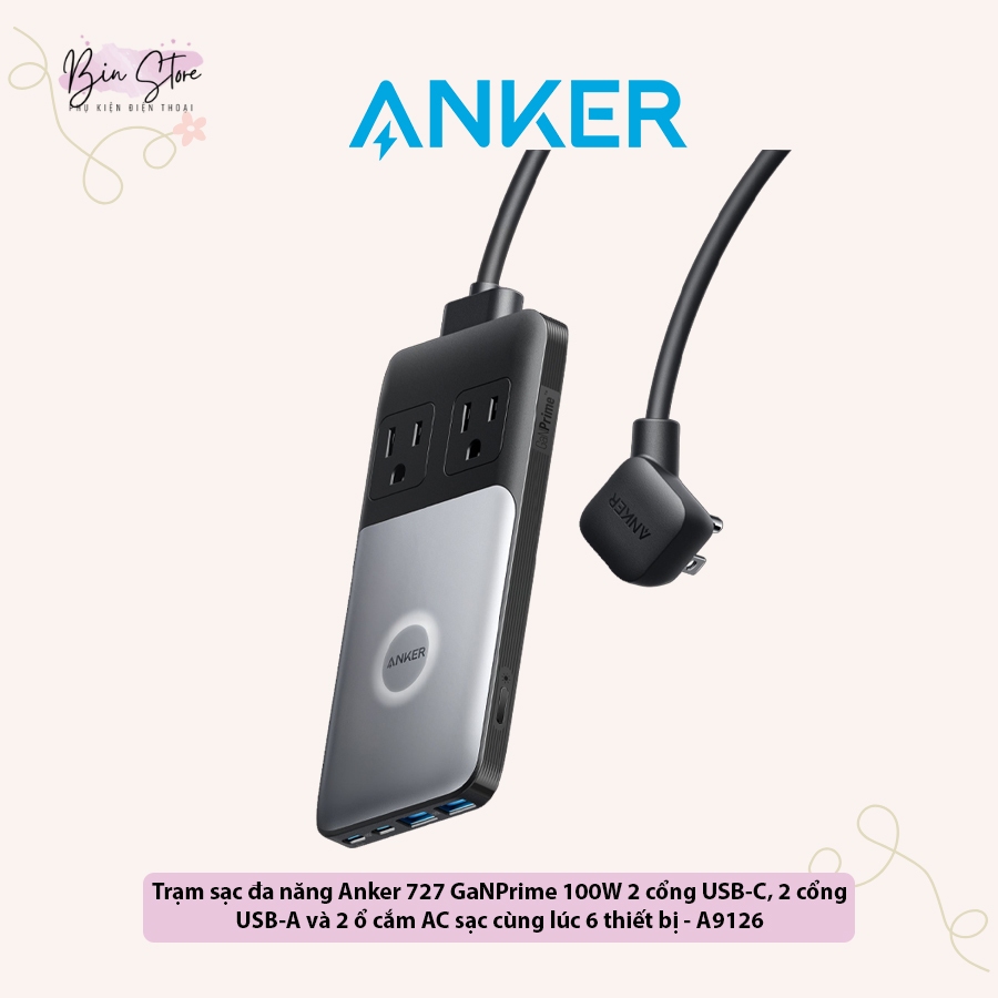 Trạm Sạc Điện Anker 727 100W GaNPrime A9126 2Usb-C , 2Usb-A , 2AC Sạc Thông Minh cùng lúc 6 thiết bị