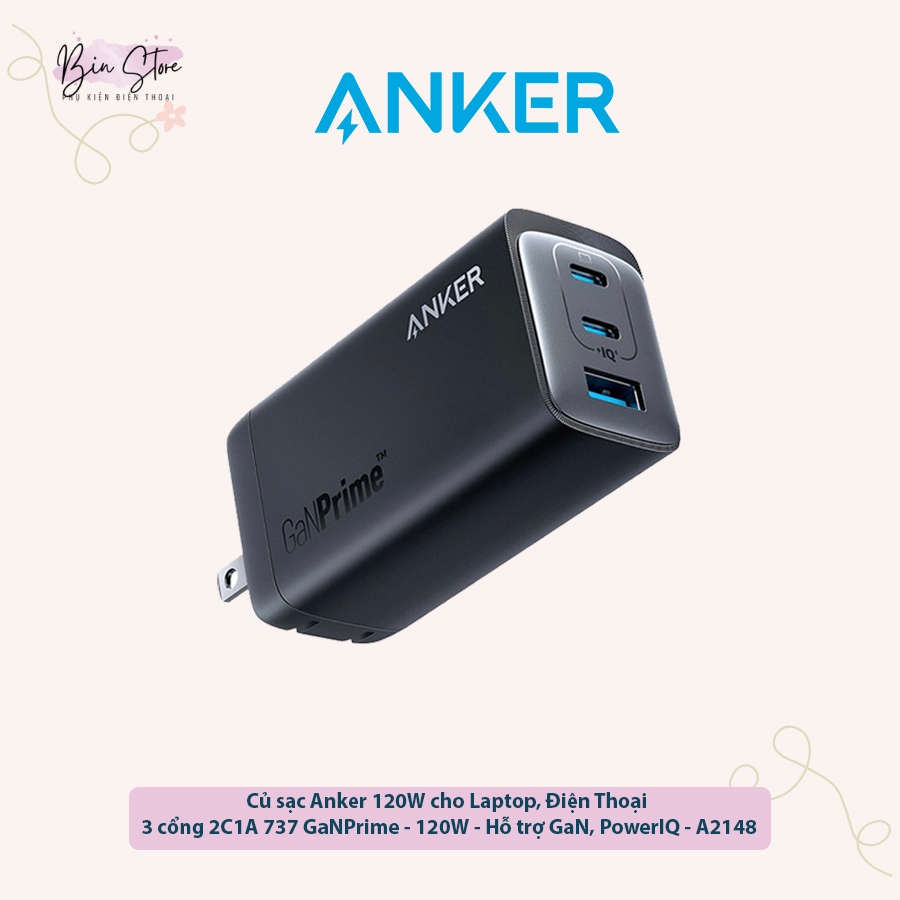 Củ sạc nhanh Anker 737 A2148 GaNPrime 120W 3 cổng 2C1A hỗ trợ PD PPS, sạc điện thoại laptop max 100W