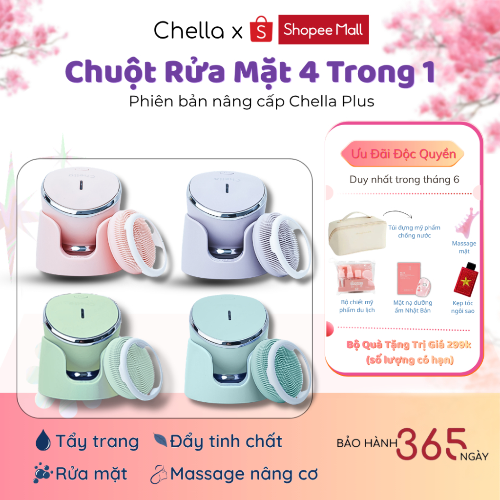 Chuột Rửa Mặt Chella 4 trong 1 kèm Tẩy Trang, Máy Đẩy Tinh Chất, Nâng Cơ, Máy Rửa Mặt Giúp Da Sạch S