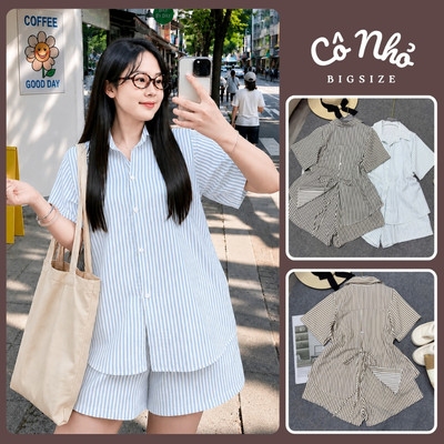 Set Bộ Sơ Mi Bigsize Nữ Áo Somi Tay Ngắn Xẻ Tà Lưng Buộc Nơ Phối Quần Đùi Lưng Chun SET878