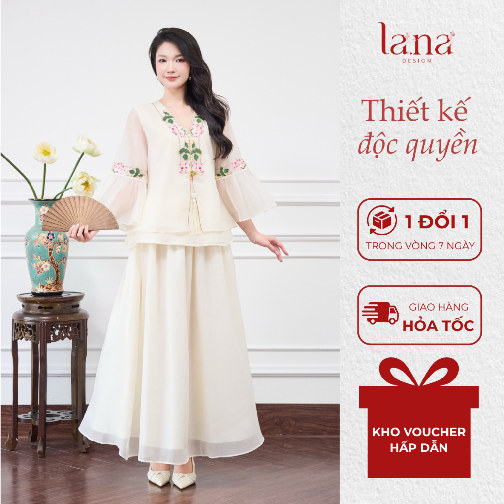 LANA DESIGN Pháp Phục Diệu Liên Hoa Thiết Kế Chất Tơ Gương Thêu Họa Tiết Hoa Sen Phối Chân Váy – SV6