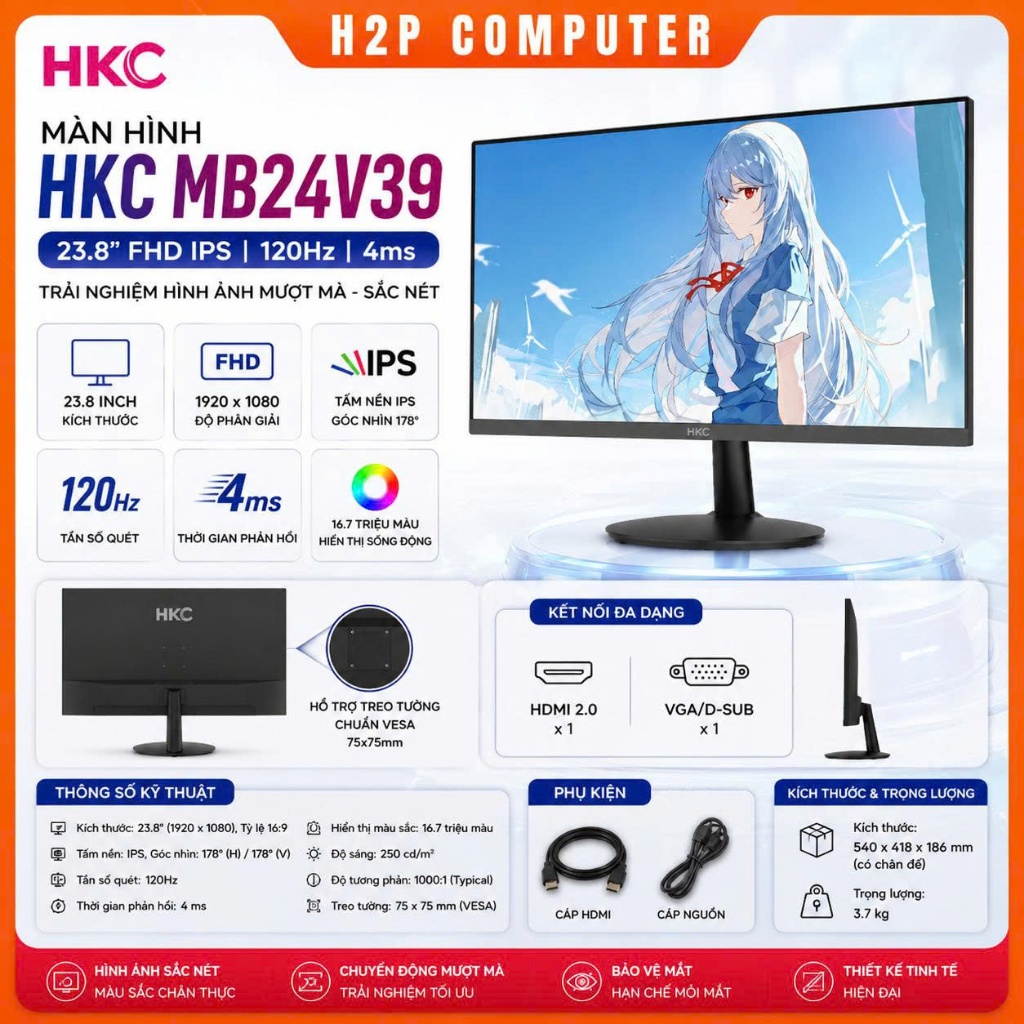 Màn hình máy tính HKC MB24V39 viền siêu mỏng, hiển thị sắc nét - Bảo hành 24 tháng chính hãng