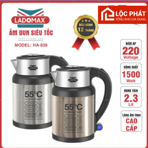 Âm Đun siêu tốc tự động giữ ấm Ladomax HA-839 thân ấm 2 lớp inox giữ nhiệt tự giữ ấm 55 độ C