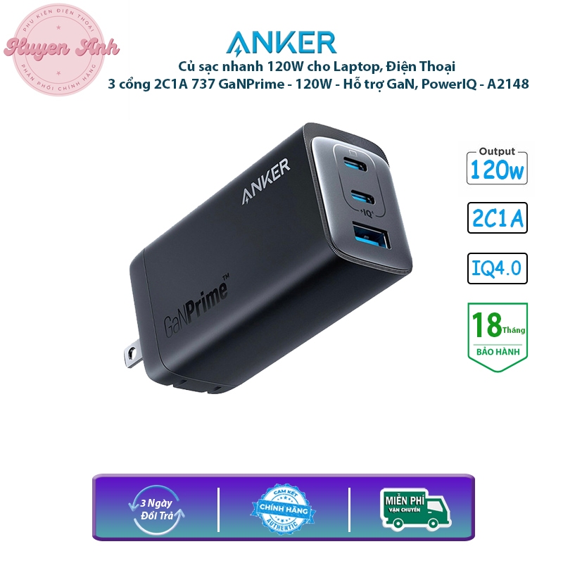 Củ sạc Anker 737 A2148 GaNPrime 120W 3 cổng 2C1A hỗ trợ PD PPS, sạc điện thoại laptop max 100W