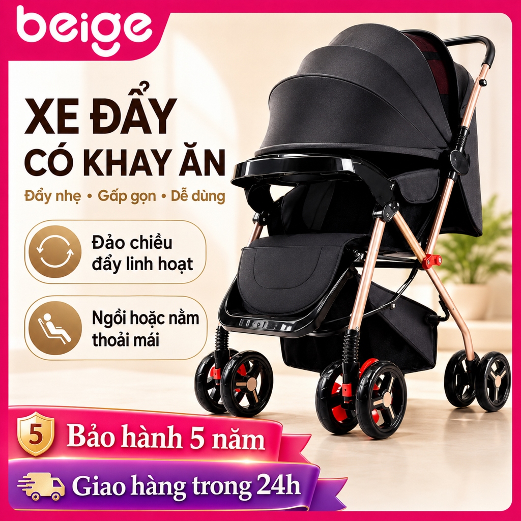 Xe đẩy gấp gọn cho bé Beige,Có thể ngồi hoặc nằm Thích hợp cho trẻ sơ sinh,Bao gồm nhiều quà tặng