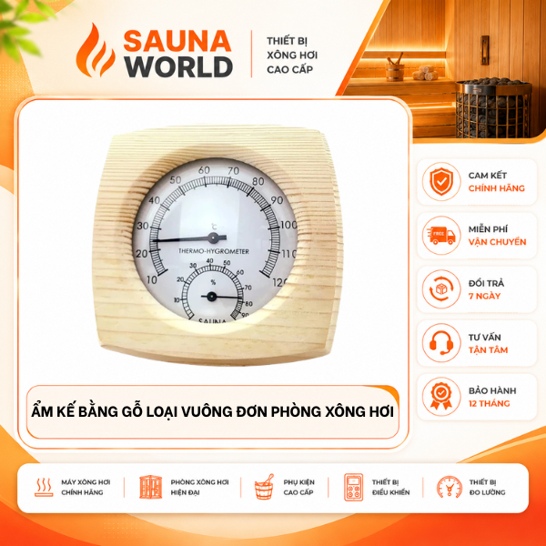 Ẩm Kế Sauna World Gỗ Loại Vuông Đơn Thiết Bị Đo Độ Ẩm Phòng Xông Hơi Khô Sauna