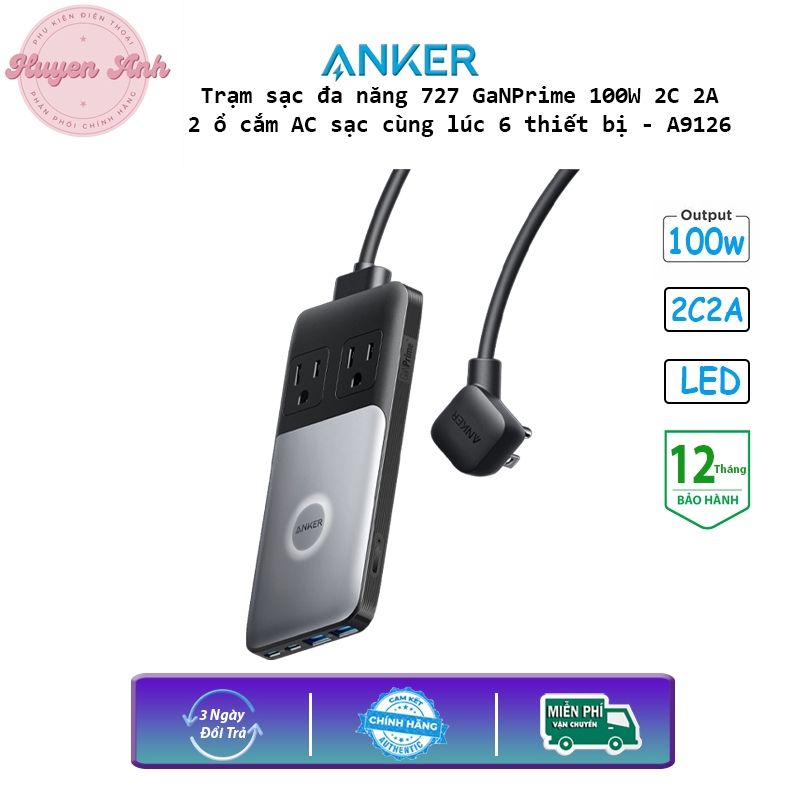 Trạm sạc Anker 727 A9126 GaNPrime 100W 2C 2A và 2 ổ cắm AC sạc cùng lúc 6 thiết bị BH 18 Tháng