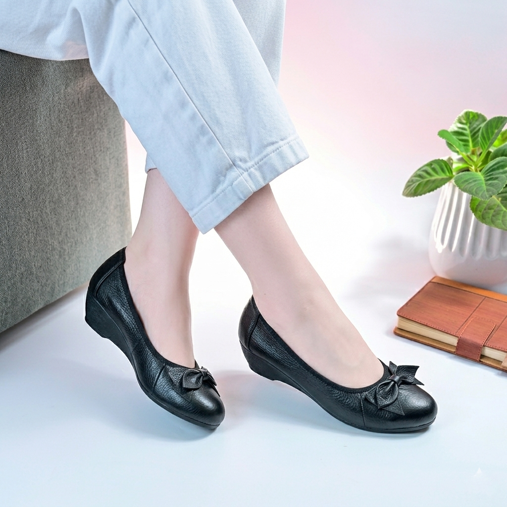 Giày đế xuồng nữ 3cm Lunashoes 2509 mũi tròn da thật có nơ cao cấp dễ đi kiểu Hàn quốc dễ phối đồ đi
