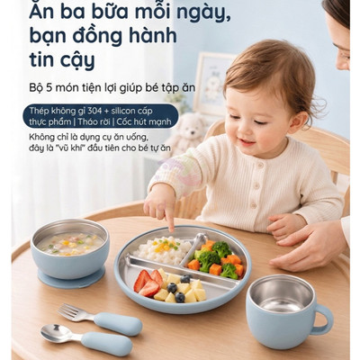Bộ dụng cụ ăn dặm cho bé 5 chi tiết inox 304 bọc silicone có đế hít chống đổ KidsWorld an toàn
