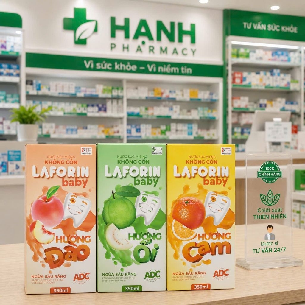 Laforin Baby Hương Cam-Ổi- Đào - Nước Súc Miệng Giảm Sâu Răng, Vệ Sinh Răng Miệng Cho Bé (Chai 350ml