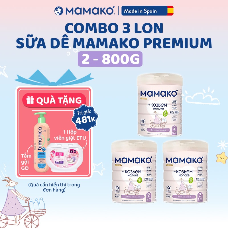 Combo 3 Sữa Dê MAMAKO Premium Số 2 800g Bổ Sung HMO Tăng Cường Miễn Dịch