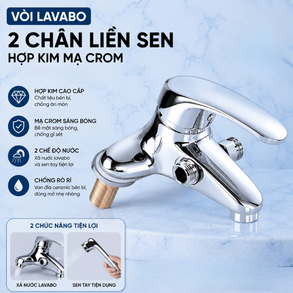 Vòi chậu rửa mặt nóng lạnh, vòi Lavabo liền sen 2 chân chất liệu đồng mạ sáng bóng