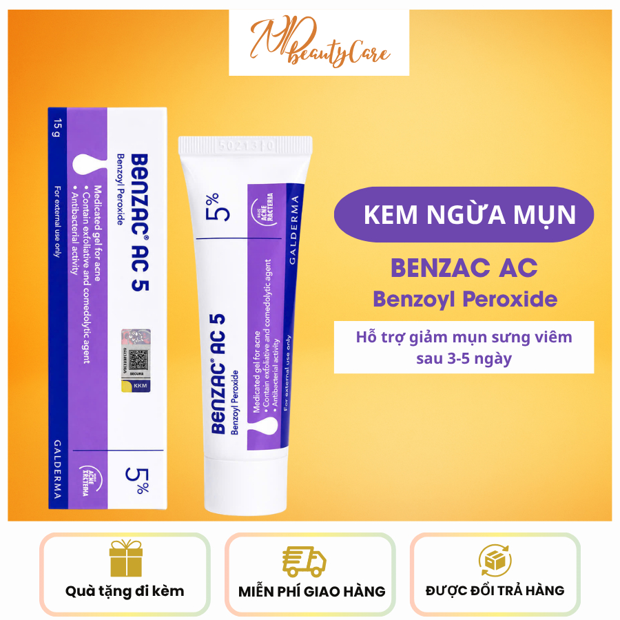 Kem Benzac AC 5% Benzoyl peroxide Hỗ Trợ Giảm Mụn Bọc Mụn Đầu Trắng Sưng Tẩy Đỏ 15g