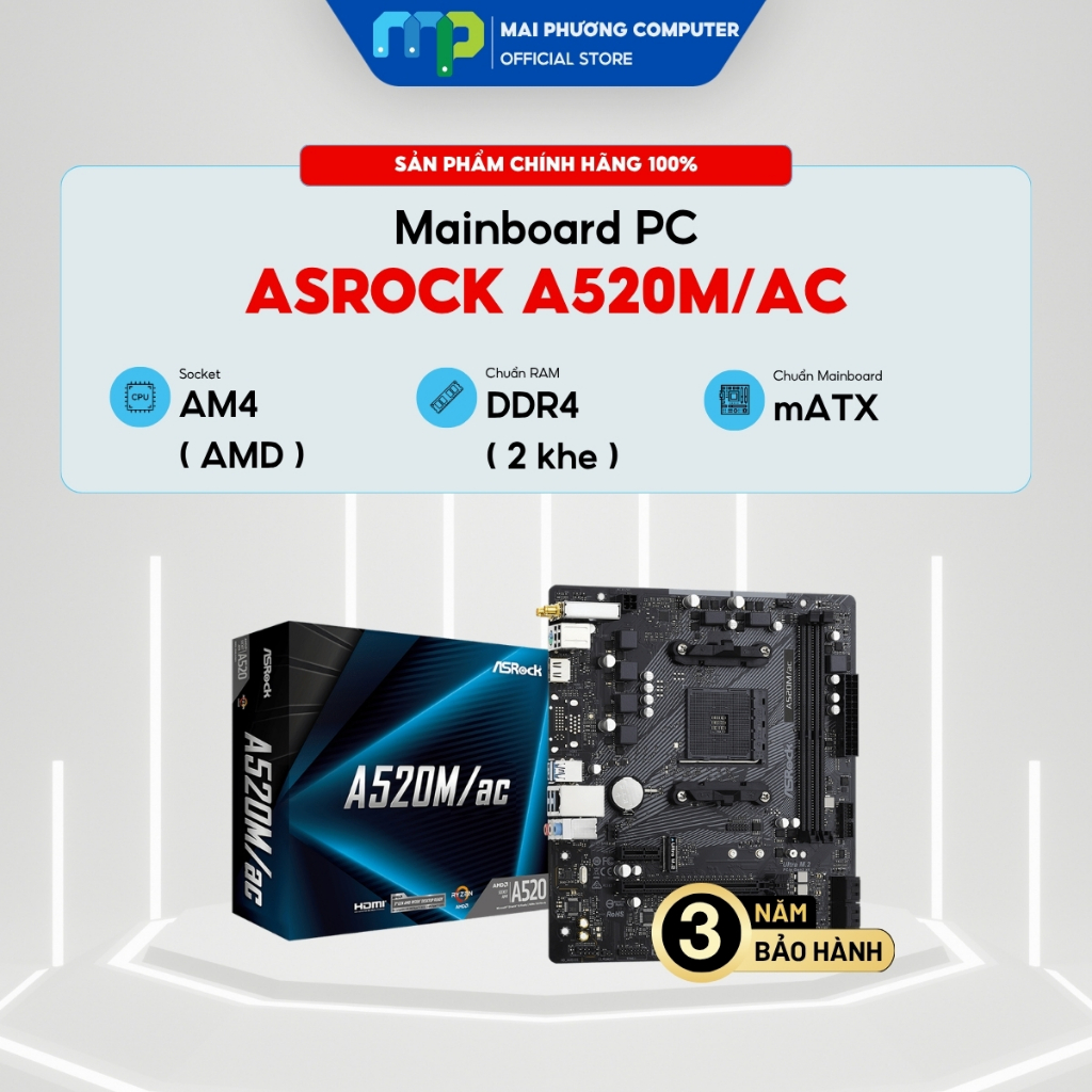 Mainboard ASROCK A520M/AC - AM4 - 2 khe RAM DDR4 - mATX - WiFi tích hợp  - Bảo hành 36 tháng