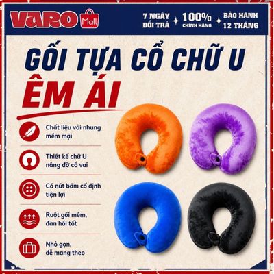 Gối Kê Cổ Chữ U VARO Vải Nhung Mềm Có Nút Bấm, Gối Tựa Cổ Du Lịch Máy Bay Ô Tô Văn Phòng 4 Màu