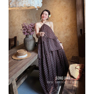 Đầm đi dự tiệc, váy dự tiệc lụa cổ yếm họa tiết bi bèo tầng form suông xòe dài thiết kê tiểu thư đi biển LEVAN Rose