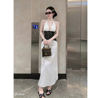 Đầm đi dự tiệc, váy dự tiệc cổ yếm phối eo ren xuyên thấu dáng dài đuôi cá thiết kế tiểu thư đi biển du lịch LEVAN Rose