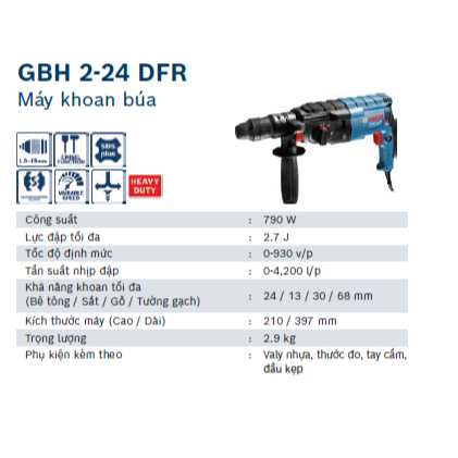 Máy khoan búa Bosch GBH 2-24 DFR - Khoan, Búa, Đục Đa Năng với Công Suất Mạnh mẽ