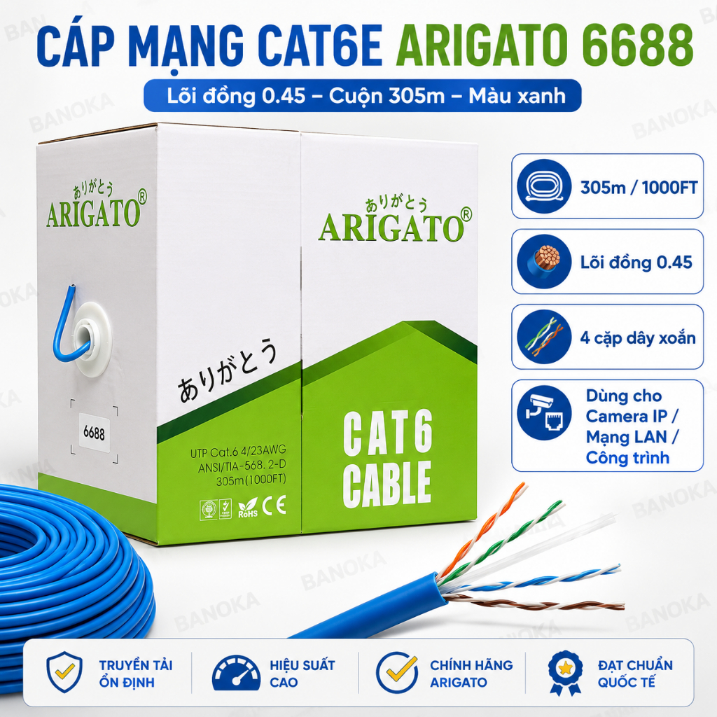 Cáp mạng CAT6E ARIGATO 6688 lõi đồng 0.45 cuộn 305m màu xanh dùng cho camera IP mạng LAN