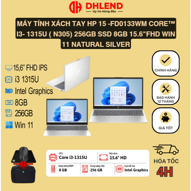 Máy tính xách tay HP 15 -fd0133wm Core™ i3- 1315U ( N305) 256GB SSD 8GB 15.6"FHD Win 11 Natural Silv
