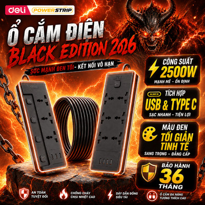 [QUÀ 15/7] Ổ Cắm Điện 2026 Đa Năng Deli, Ổ Cắm Điện Chống Giật An Toàn Công Suất 2500W Màu Đen Thiết Kế Sang Trọng