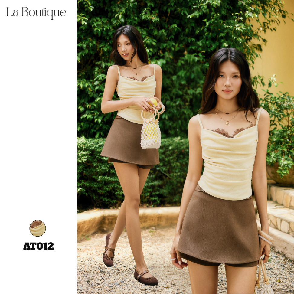 Áo 2 dây cổ đổ phối ren ngực, áo nữ ôm dáng nhún eo phong cách Hàn La Boutique SS26 - AT012-2605LAT | BigBuy360 - bigbuy360.vn