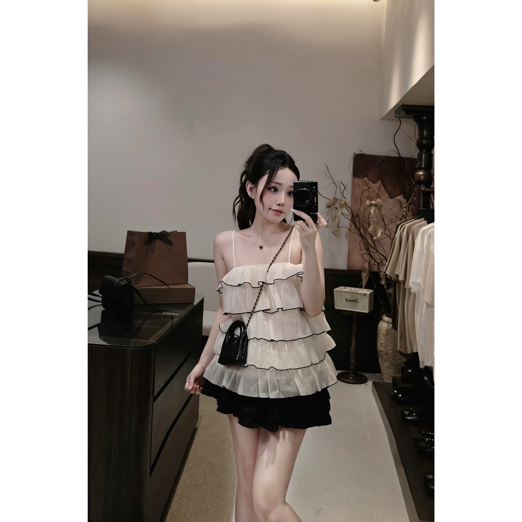Áo Hai Dây Nữ Bèo Tầng Voan Xếp Ly Form Rộng Hàn Quốc, Áo Babydoll Nữ Tiểu Thư Dễ Thương