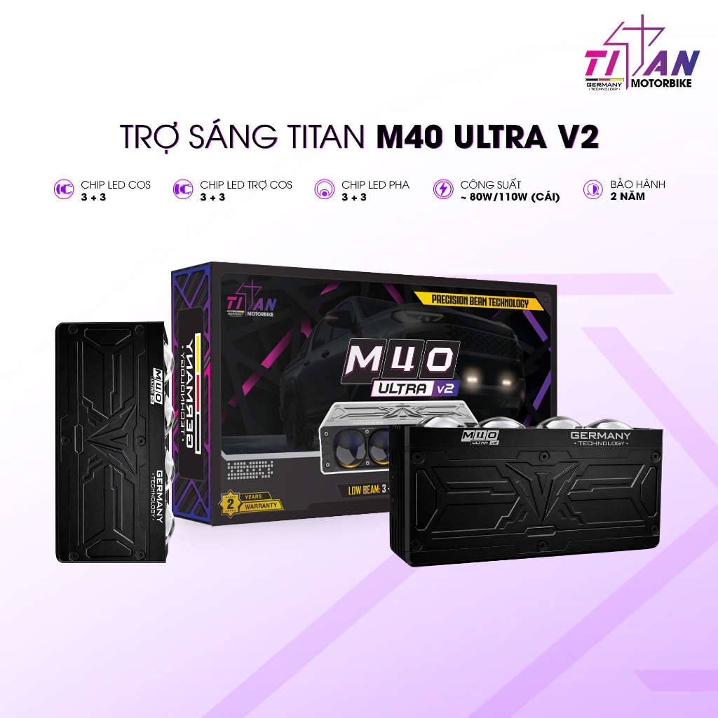 Đèn trợ sáng ô tô Titan M40 Ultra V2 - Tăng sáng cực mạnh - Pha siêu khủng 110W