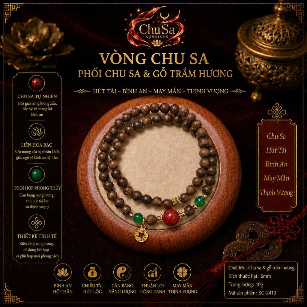 VÒNG TAY TRẦM HƯƠNG PHỐI CHU SA & ĐÁ XANH –  MAY MẮN, ĐẬM CHẤT PHONG THỦY - CHU SA GEMSTONE