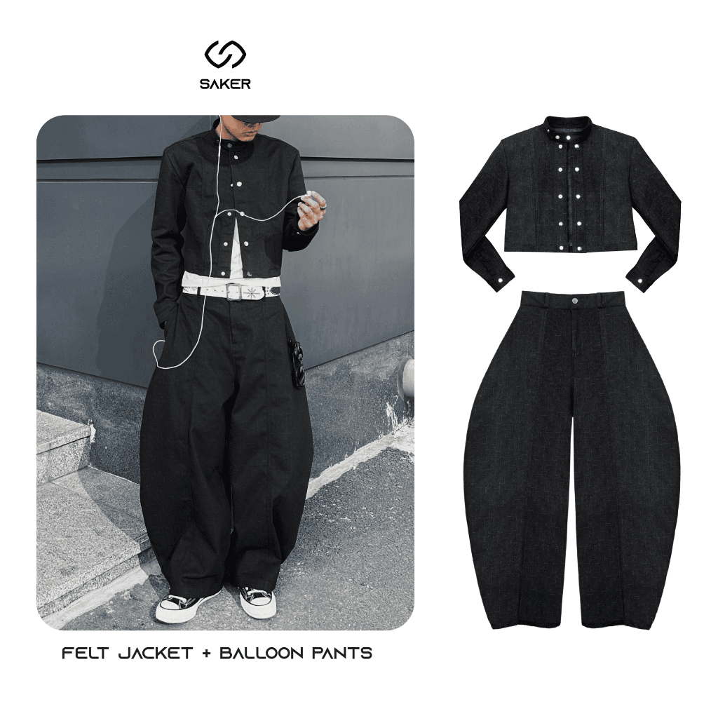 Set Quần Kaki Nam Ống Cong SAKER Balloon Pants & Áo Khoác Croptop Felt Jacket Đen Họa Tiết
