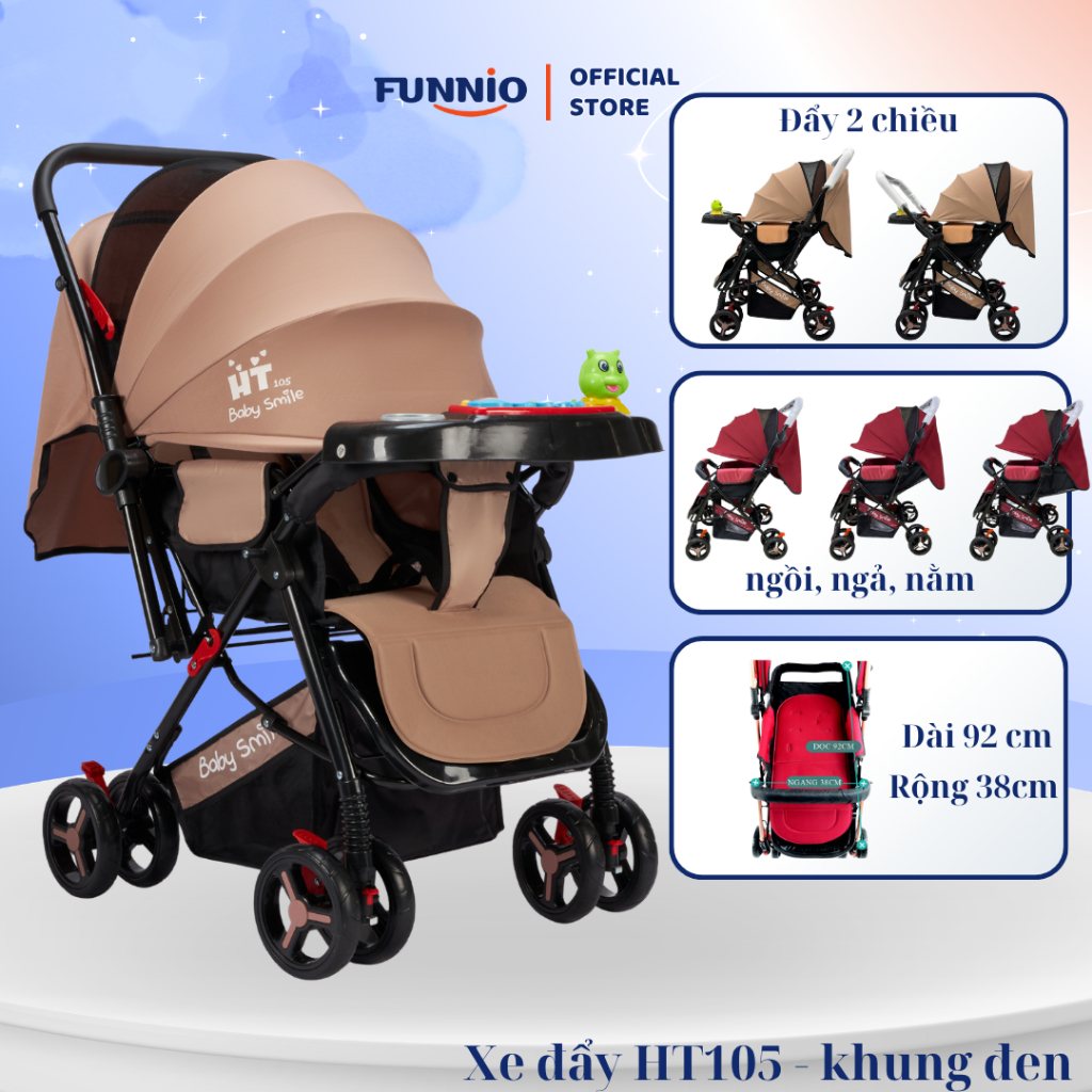Xe đẩy cho bé Funnio HT105 khung đen, đẩy 2 chiều, 3 tư thế ngồi ngả nằm, phù hợp với bé sơ sinh