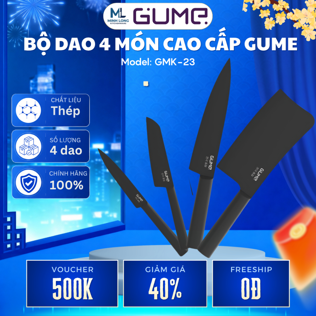 Bộ Dao 4 Món Cao Cấp Gume Korea GMK-23 Thép Không Gỉ 5Cr15MoV, Sắc Bén Bền Đẹp An Toàn - Minh Long K