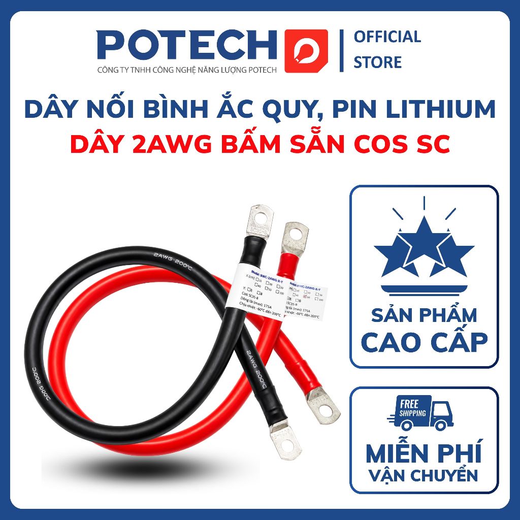 Dây điện chống cháy 2AWG chịu nhiệt bấm cos SC 35-8 nối bình acquy, pin Lithium