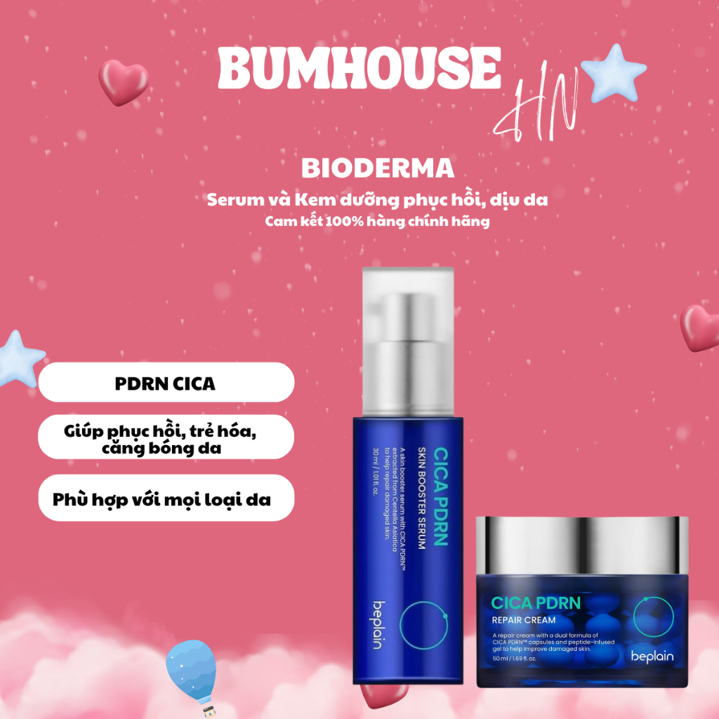 COMBO Beplain Tinh chất Cica PDRN Skin Booster Serum 30ml & Kem Dưỡng Viên Nang Cica PDRN Repair Cre