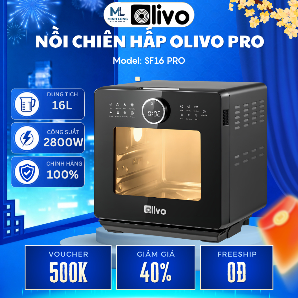 Nồi Chiên Hấp Đa Năng OLIVO SF16 PRO 2025 Dung Tích 16L, 70 Chế Độ Nấu Chiên Hấp 4In1 Hiện Đại - Min