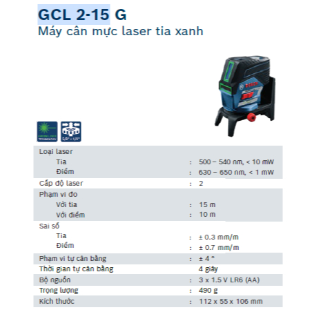 Máy cân mực laser tia xanh Bosch GCL 2-15 G - Chính hãng