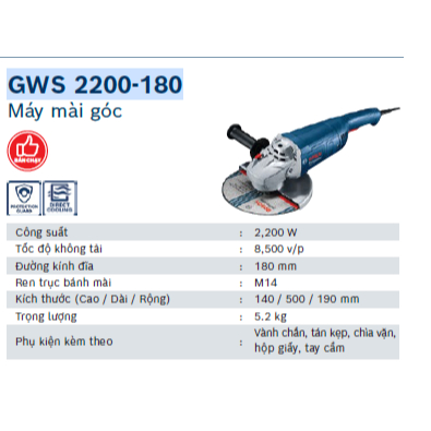 Máy mài góc Bosch GWS 2200-180, 180mm, Điện, Chống va đập, Cách điện, Cách nhiệt