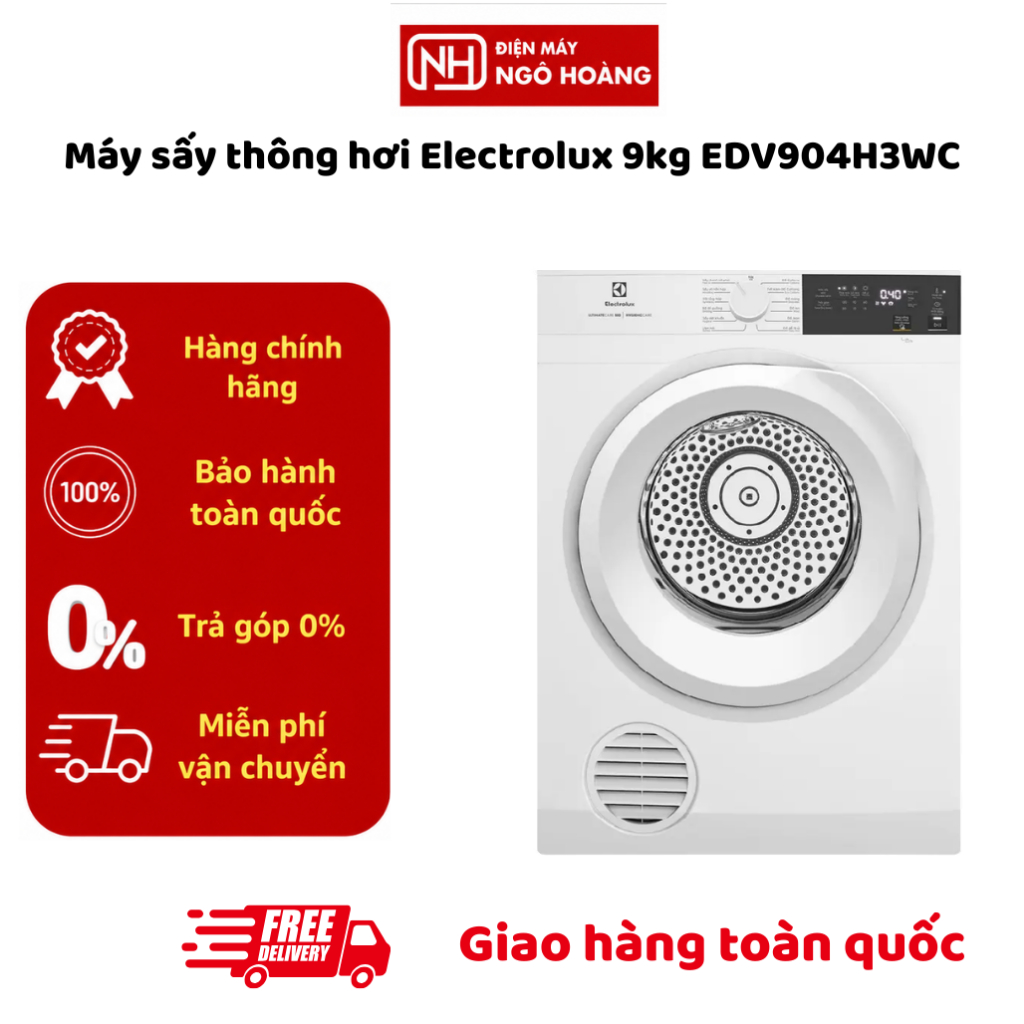 EDV904H3WC - Máy sấy thông hơi Electrolux 9kg EDV904H3WC sấy nhanh, giảm nhăn, chăm sóc quần áo chín