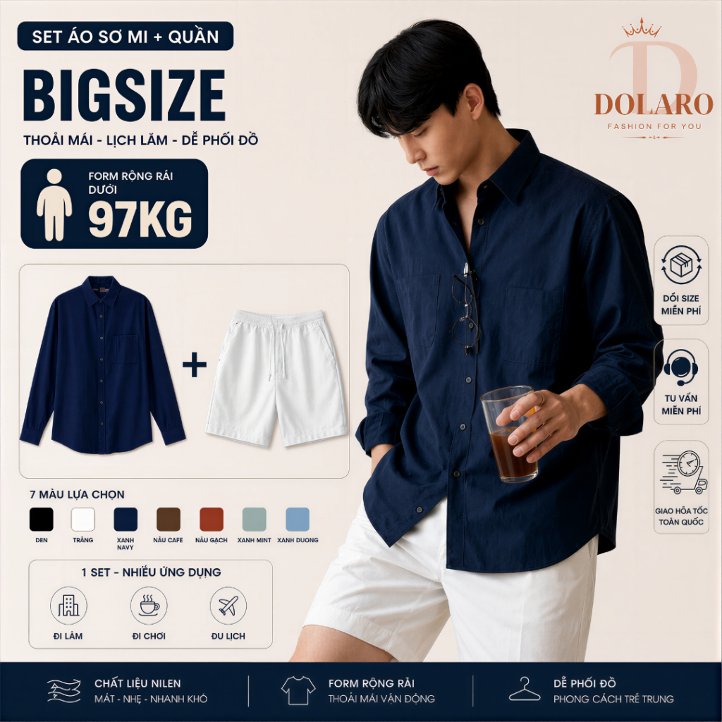 Combo Áo Sơ Mi Tay Dài Linen DOLARO Nhiều Màu Kèm Quần Short Kaki màu trắng Chuẩn Form Hàn đi học đi chơi thoải mái