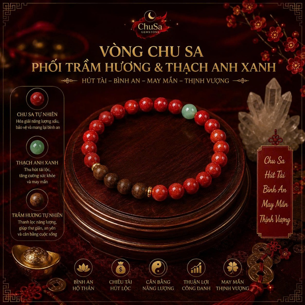 VÒNG TAY CHU SA ĐỎ PHỐI GỖ TRẦM & ĐÁ XANH – TINH TẾ, NHẸ NHÀNG, THU HÚT MAY MẮN - CHU SA GEMSTONE