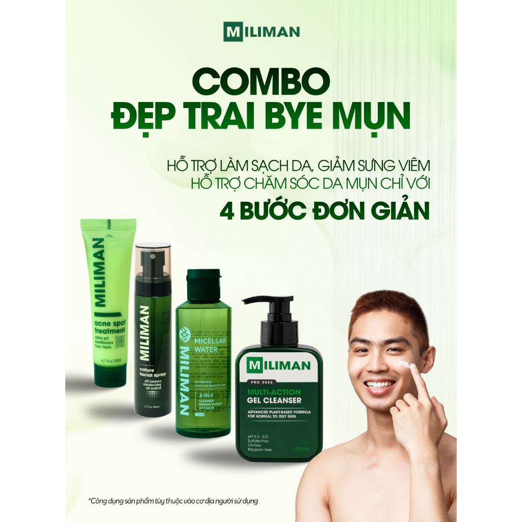 Combo Skincare Da Mụn Cho Nam MILIMAN Gồm Tẩy Trang, Sữa Rửa Mặt Nam, Toner Xịt, Gel Mụn