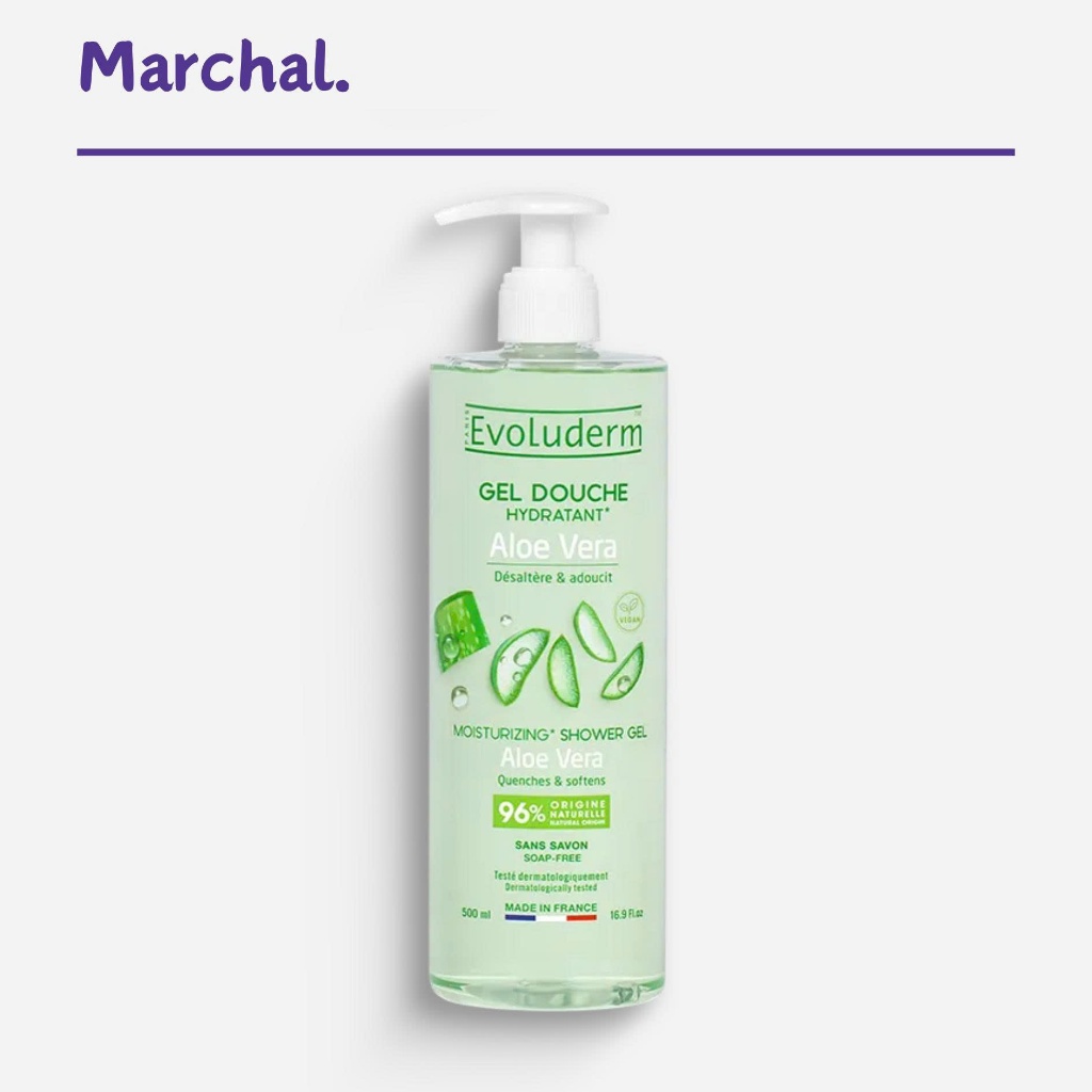 Gel Tắm Dưỡng Da 96% Từ Thiên Nhiên Evoluderm Pháp 500ml Aloe Vera Moisturizing Shower Gel
