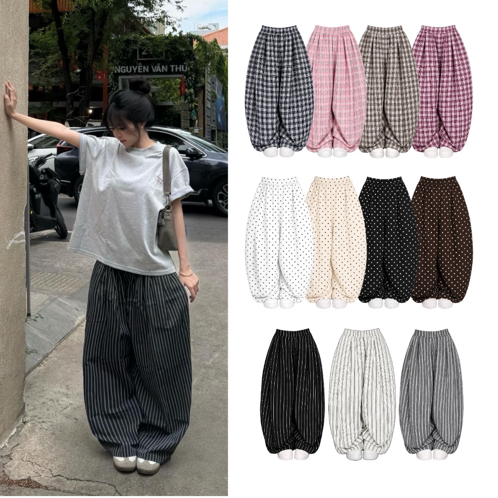 [SẴN HOẢ TỐC] Aimesaigon Quần Dài Kẻ Sọc Dọc Caro Chấm Bi Nữ Ống Rộng Chất Linen Cá Tính Basic Hack Eo Thoải Mái - AQ08