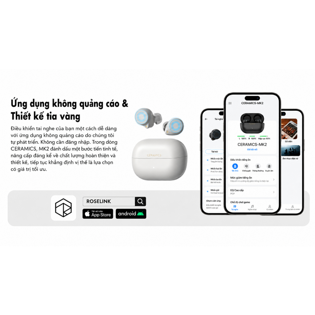 Tai nghe TWS Bluetooth Roseselsa Ceramics MK2 nghe nhạc, chơi game độ trễ thấp | QMTECH STORE | BigBuy360 - bigbuy360.vn