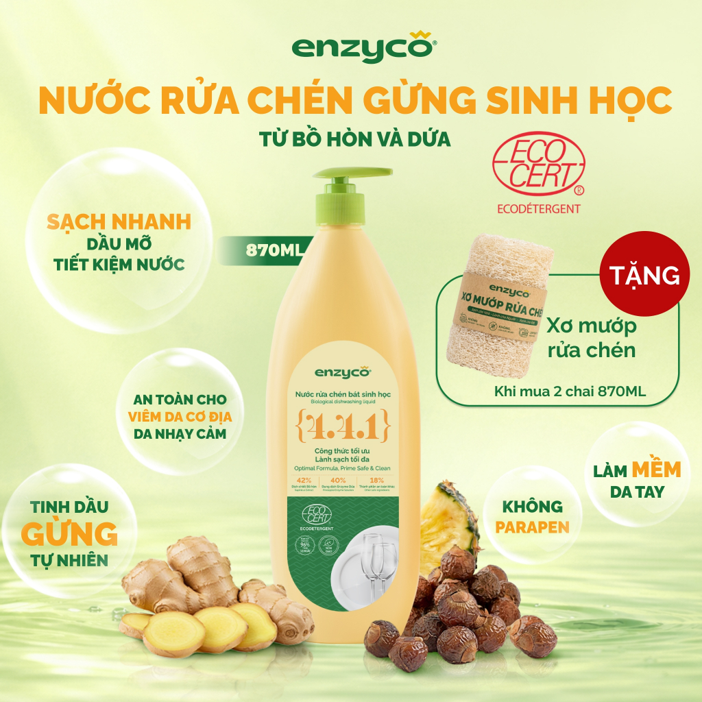Nước Rửa Chén Gừng Sinh Học ENZYCO 870ML Từ Bồ Hòn & Dứa,Sạch Dầu Mỡ,Không Khô Da Tay,Đạt Chứng Nhận