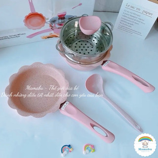 ( Bảo Hành 1 Năm) Bộ Nồi Chảo Đá Hoa Cho Bé Ăn Dặm Cao Cấp Kèm Xửng Hấp Chống Dính Dùng Được Bếp Ga Từ Hồng Ngoại Mamabu